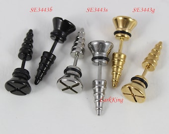 Screw stud earrings, black studs, black earrings, unique earrings; statement earrings, funky earrings, earrings for men, men studs, SE3443