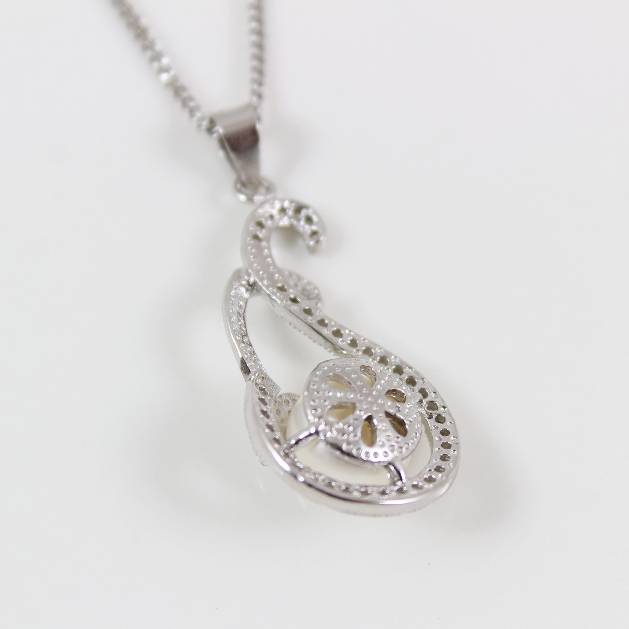 Sterling Silver Pearl Necklace, 3 Leaf Vine Pearl Necklace
