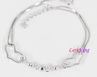 Sterling Silver Heart Chain Bracelet: Adjustable Double Heart Design, LK9010