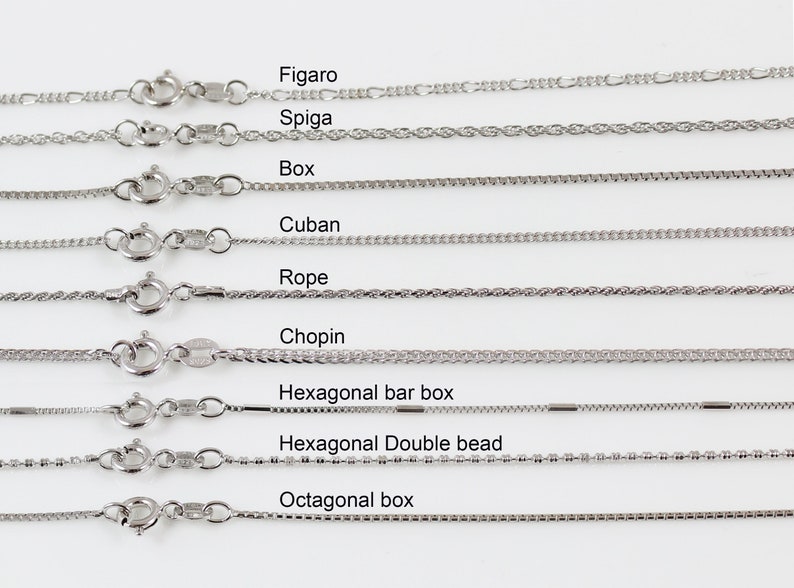 May include: A close-up of ten different types of silver chains, including Figaro, Spiga, Box, Cuban, Rope, Chopin, Hexagonal bar box, Hexagonal Double bead, and Octagonal box.