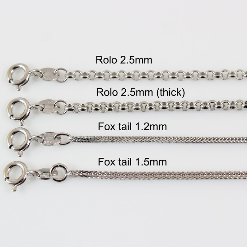 May include: Four silver chains of different styles and thicknesses. The chains are labelled "Rolo 2.5mm", "Rolo 2.5mm (thick)", "Fox tail 1.2mm", and "Fox tail 1.5mm".