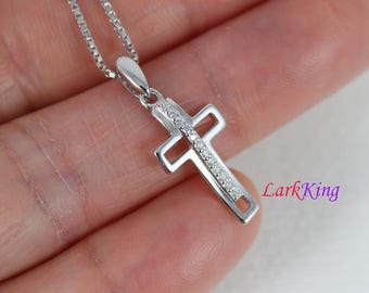 Tiny cross necklace, sterling silver cross necklace, zircon cross, simple cross pendant, religion cross necklace, christian cross,  NE8381