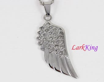 Zircon Crystal Wing Necklace: Stainless Steel Angel Feather Pendant, NE7116
