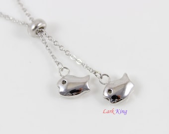 Sterling silver double fish necklace, small silver double fish pendant, silver double fish charm necklace, silver nature necklace, LK13094