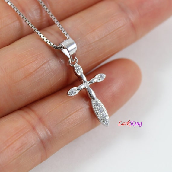 Silver Small Crystal Cross with Flower Detail Silver Small Crystal Cross with Flower Detail