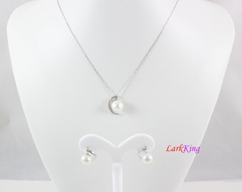 Sterling silver pearl necklace earrings set,pearl teardrop necklace,pearl earrings,bridal necklace earring set,wedding jewelry set, LK10005