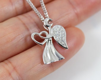 Sterling silver angel necklace, angel wing necklace, angel heart charm, silver angel pendant, angel necklace women, angel for gift,  LK13018