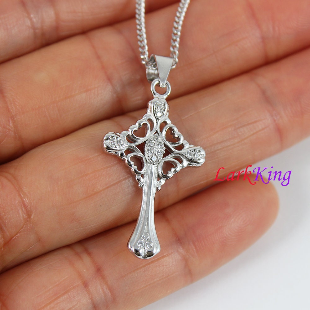 Ciondolo Croce Cristiana In Argento Sterling 925 Con Zirconi CZ - Colore Pietra Rosa, Regalo Di Fede - 2