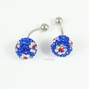 May include: Two belly button rings with a curved silver bar and a round, sparkling blue, red, and white crystal ball. The jewelry has a silver ball at the top. The brand name "LarkKing" is visible in the image.