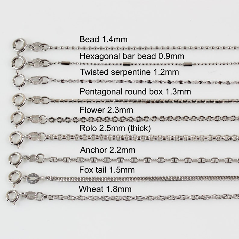 May include: A close-up of ten different types of silver chains, each with a different style and size. The chains are labelled with their names and measurements in millimetres. The chains are arranged in a row from top to bottom.