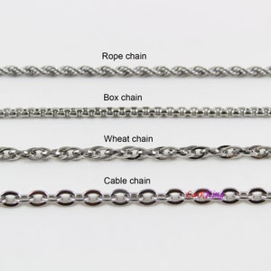 May include: Four different types of silver chains: rope chain, box chain, wheat chain, and cable chain.
