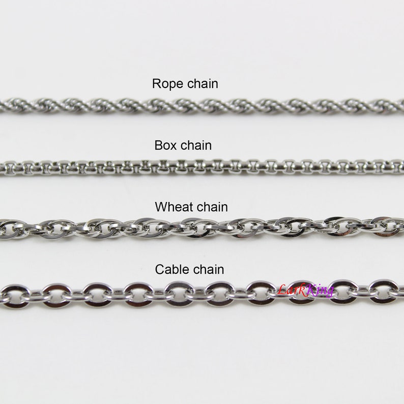May include: Four different types of silver chains: rope chain, box chain, wheat chain, and cable chain.