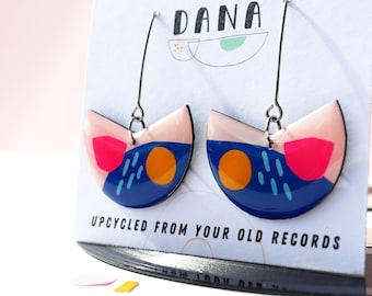 upcycled wearable art earrings colorful fun quirky recycled record LP jewelry analog collage original unique jewelry design pink blue yellow