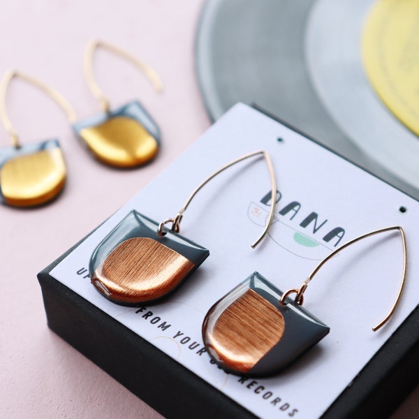 minimal upcycled vinyl record earrings in deep blue grey and copper OR gold