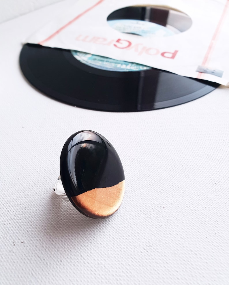 black and copper ring large geometric ring color block statement ring unique gift idea for her adjustable ring cocktail ring resin ring