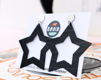 Upcycled large black vinyl record star earrings / recycled statement earrings / eco friendly gift for music lover