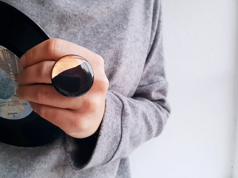 black and copper ring large geometric ring color block statement ring unique gift idea for her adjustable ring cocktail ring resin ring