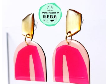 Upcycled art earrings made from a vinyl record in hot pink and gold // bold contemporary slow fashion