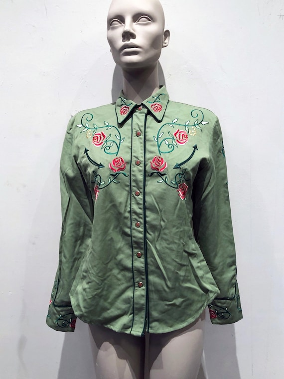 Scully Embroidered Red Roses, Green Western 1950s