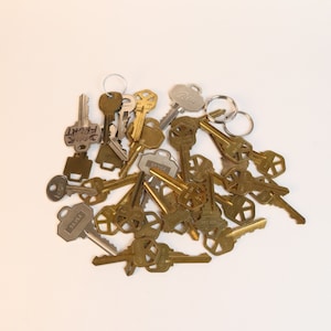 May include: A collection of various metal keys, some attached to silver key rings. The keys are in shades of gold, silver, and bronze. Some keys have stamped numbers and text, including the word "FRONT".