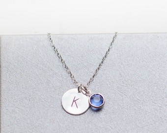 SILVER NECKLACE birthstone personalized unbiological sister initial letter birth stone birthday gift jewelry child necklace kid /NE-900