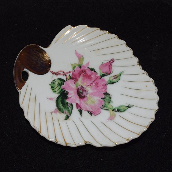 Gold Trimmed Leaf Dishes Hand Painted Rose Small Plate Orion China Made in Japan - Ring | Trinket Dishes | Teabag Rest