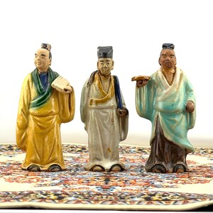 RARE Antique Shiwan Pottery Chinese Mudmen, Figurine Statues Chinese Polychrome Mudmen Taoist Immortals  Scholars, Set of 3 1950s–1970s
