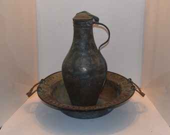 Authentic Large Antique Moorish Middle Eastern Qajar Large Round Deep Bowl Handles & Floor Ewer Vessel Hammered Hinged lid Mameluke Style