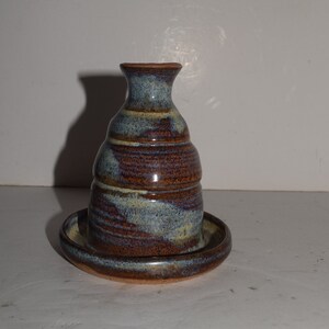 Studio Art Pottery Single Candlestick Holder Pottery Blue Brown Green Stoneware Glaze  Candle Stick Holder 7” tall Initialed  by maker