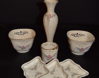 Lenox Discontinued Pieces Petite Rose Pink Garland Bud Vase or Matching Ring Dish, Trinket Candy Bowl or Small Pierced Votive Candleholder