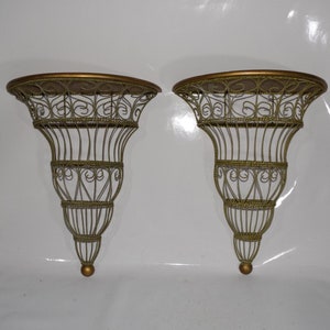 Large Neoclassical Hollywood Regency Vintage Wall Shelf Sconce Wood Wrought Iron Metal Wire Display Corbel Shabby Cottage Chic Scroll Design