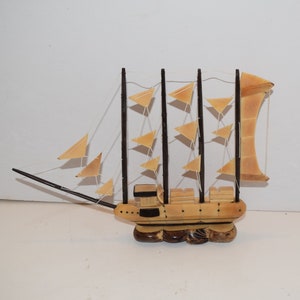 Vintage Cow Horn Sailing Ship Schooner Unusual Circa 1950’s Model Retro Kitsch Sailing Ship Boat Model 4 Mast Sail Ship Boat Nautical Decor