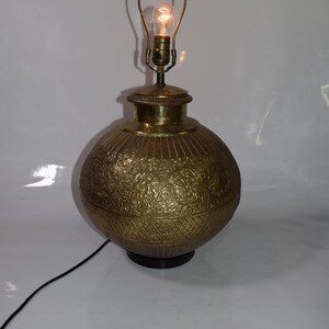Boho Indian Embossed Floral Motif Brass Light Fixture Stunning Large Bulbous Ornately Embossed Brass Lamp