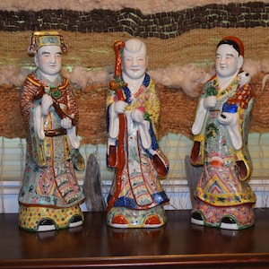 Sanxing Statues Chinese Fu Lu Shou Porcelain Three Deities  Oriental Figurines Feng Shui Happiness (Fu) Prosperity (Lu) and Longevity (Shou)
