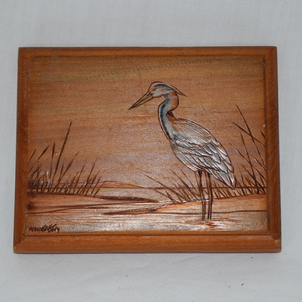 Heron in the Reeds Wood Carving Original Handmade Wood Burning (PhyroGraphics) Wall Art Plaque Sign Andersen