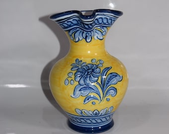 Sangria Pitcher Puente del Arzobispo Yellow Blue Spain Pottery Ceramic Decorative Floral Flower Pitcher R.D.M P.AR Indigo Floral Design