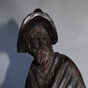 Large Fine Old Folk Art Bearded Old Caped Man Walking Barefoot Hand Carved Wood Art Sculpture 14.5&quot; Old