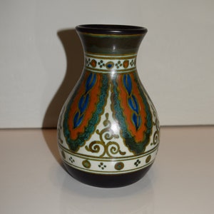 Gouda Pottery &quot;Collier Design&quot; Pottery Vase Marked Collier Holland Black Matte Multicolored Pottery Vase Collier Art Nouveau and Art Deco