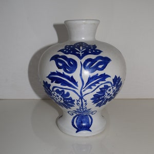 Blue White Chinoiserie Flower Vase Iznik Turkish Style Floral Motifs Folk Art Delf Style Ceramic Flower Vase Indigo Blue Hand Painted Signed