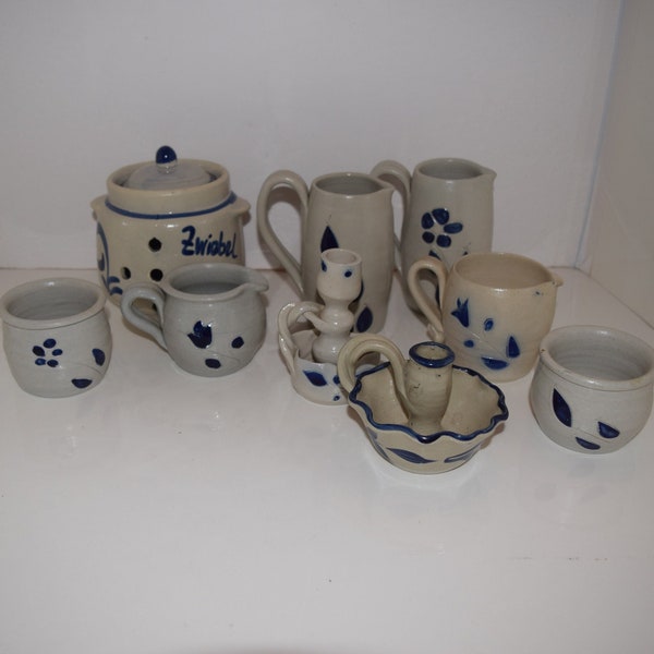 Cobalt Blue Salt Glazed Leaf & Tulip Williamsburg Pottery Factory SOLD SEPERATLEY  Tall Creamer Pitchers Candle Holder Creamers Small Crocks