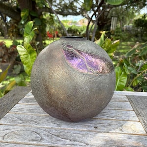 Textured Art Glass Vase 1980 Black Glass w/ Iridescent Large Round Vase Postmodern Scavo Style Glass Sphere Shape Vase Black Metallic Toned