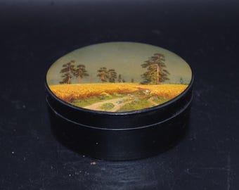 Small Russian Lacquer box vintage hand painted Fedoskino Trinket Box Fedoskino Pegockuho Lacquer Box Russian Trinket Box Landscape Scenery