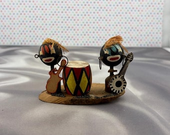 1950s Primitive Islanders Musical Theme Band Ethnic Drummer Bongo and Guitarist  Banjo Musicians Ethnographic Hand Made Boho Home Décor