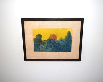 Marcia Isaacs Etching Original Art Mid Century Art Judaica Marcia Isaacs Artist Framed Art Titled “Landscape Fantasy”