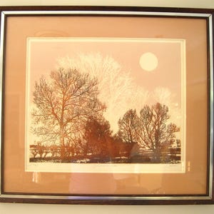 Jean Davo Artist Proof - Symphonie en Hiver (Symphony in Winter) Full Moon Autumn Landscape Trees Woodblock Aquatint Etching Mid Century