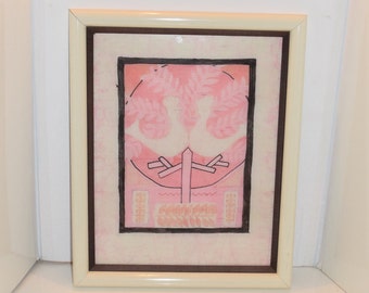 Framed Batik Peace Birds in Pink Textile Picture Wall Hanging Mid Century Modern Retro Textile Vintage Framed Batik Print Batik Wall Art