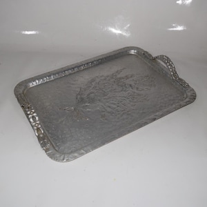Hammered Lightweight Hand Forged Aluminum Metal Tray w Handles Embossed Rectangular “Tulip Floral” Serving Tray Rodney Kent #412