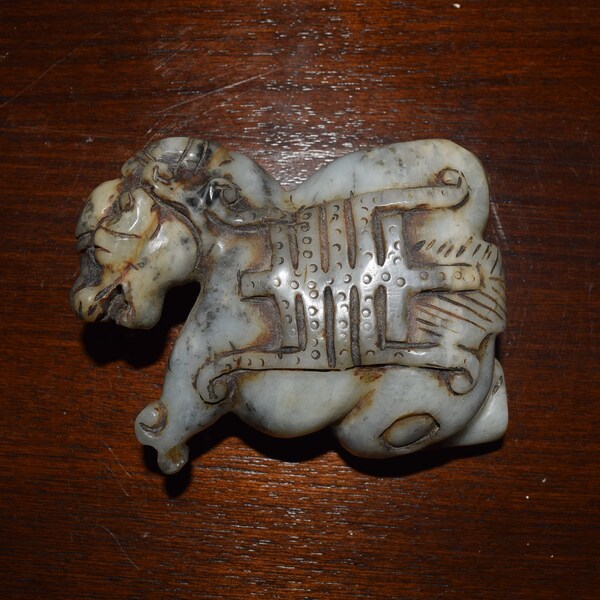 Chinese Light Green Jade Horse China Old Han Dynasty White Jade Carved Strong Lucky Horse or Beast Figure Statue Carving Of A Chimera, Bixie