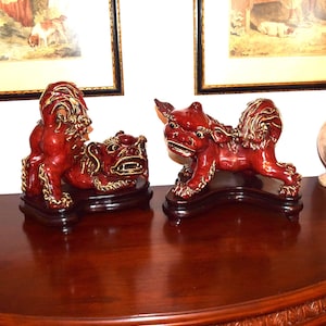 Late 20th Century Large Chinese Porcelain Red Glazed Foo Dog Beautiful Shishi Lions Chinese Glazed Terracotta Foo Dogs, Mid-Century, a Pair