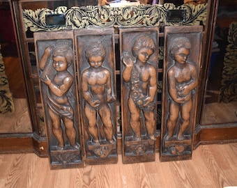 Neoclassical PUTTI 4 SEASONS in High Relief Bas Relief Sculpture Wall Plaque Cherubs Putti Angel Tuscan Baroque Victorian Hollywood Regency